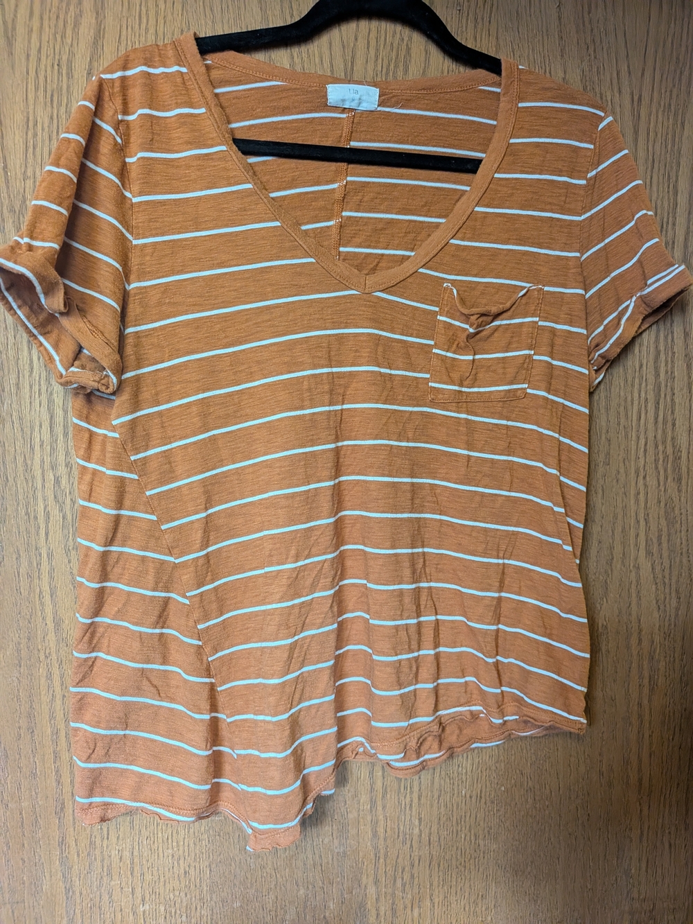 Anthropologie Asymmetrical Striped V-Neck Pocket Tee - Burnt Orange/White